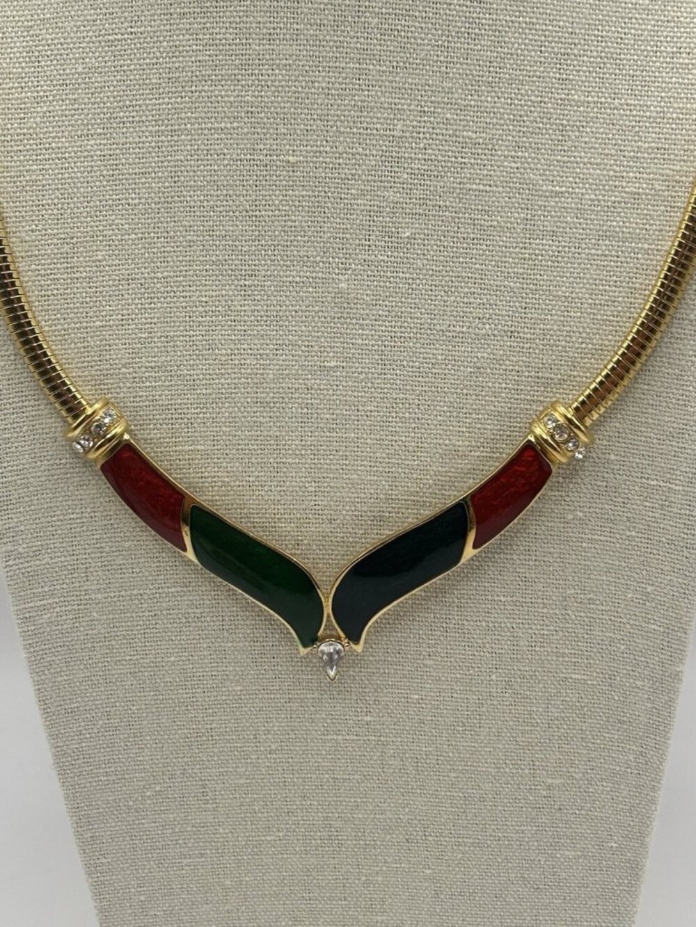 Vintage Gold Tone Enamel V Collar Necklace Red Green Crystal Accent Signed LR